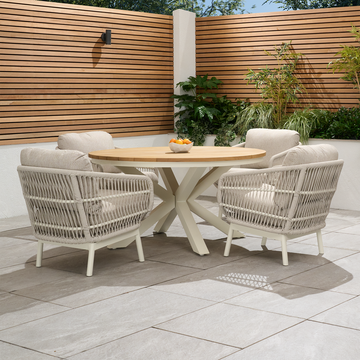 Bracken Outdoors Colorado Rope 4 Seat Round Aluminium Teak Garden Lounge Dining Set