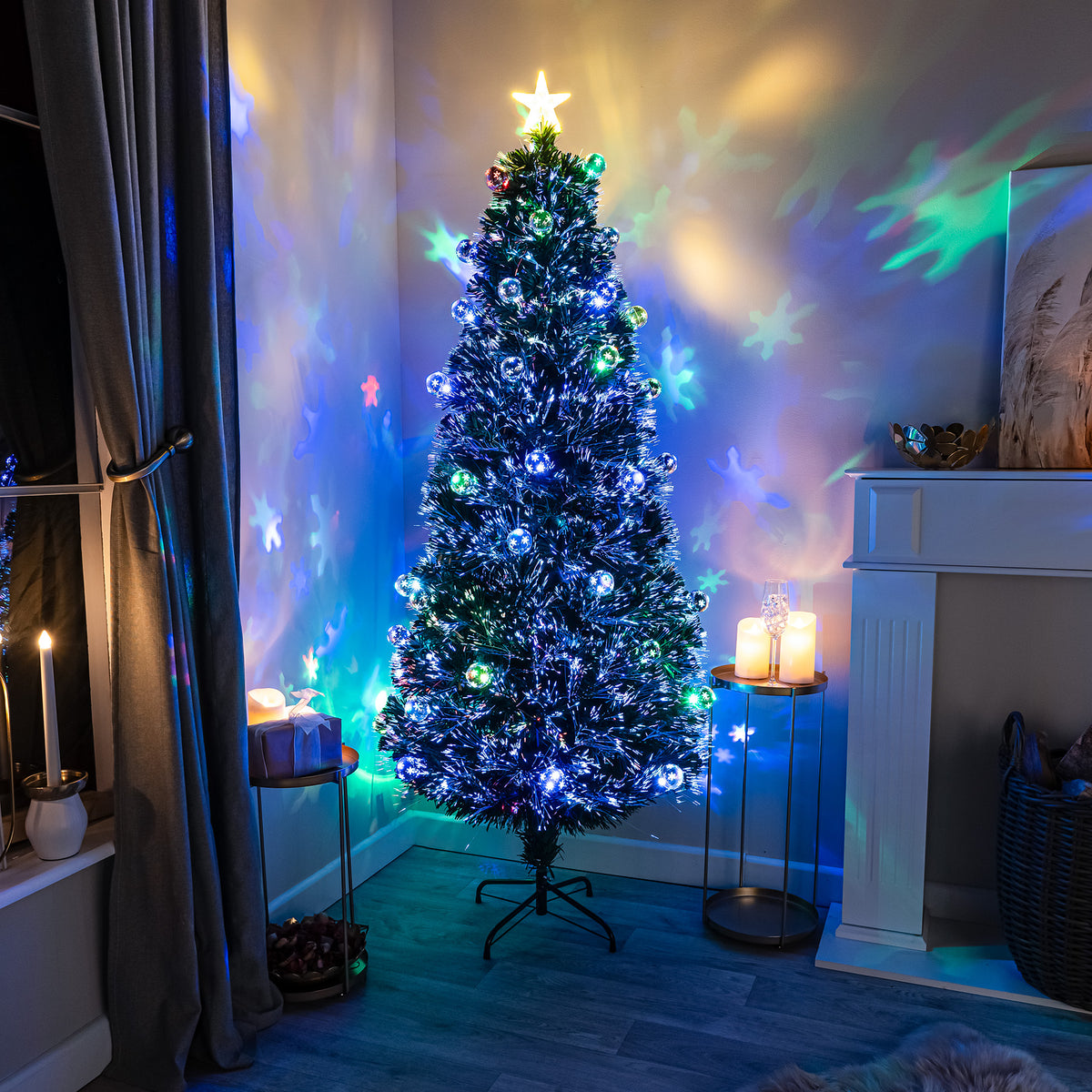 2ft - 7ft Green Fibre Optic Christmas Tree with Multi Coloured LED Lights and Baubles