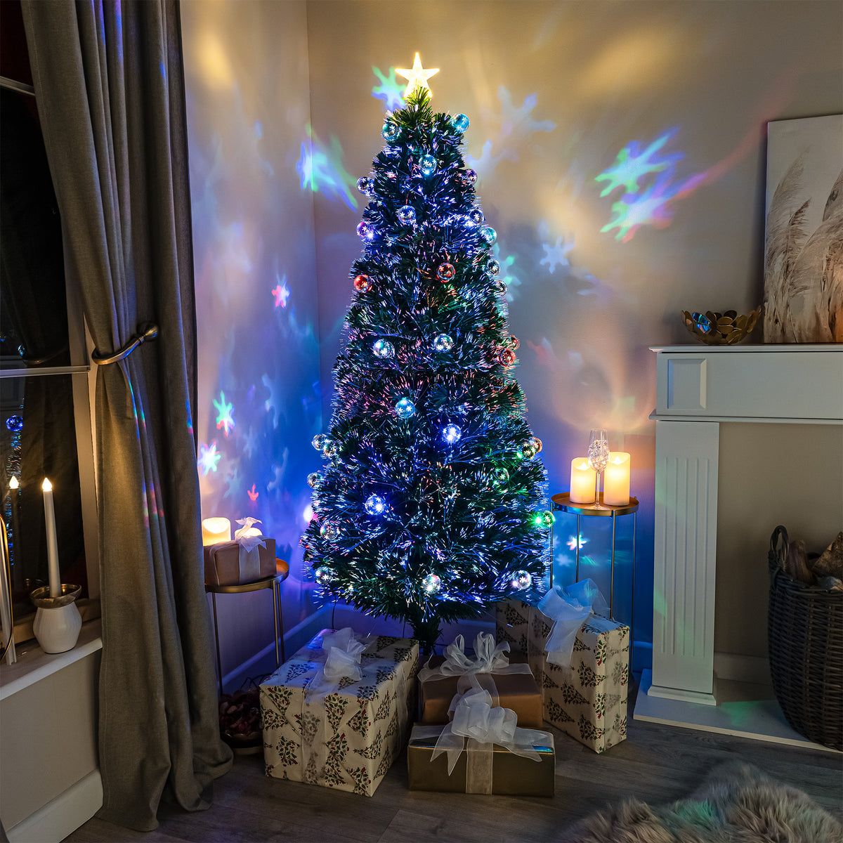 2ft - 7ft Green Fibre Optic Christmas Tree with Multi Coloured LED Lights and Baubles