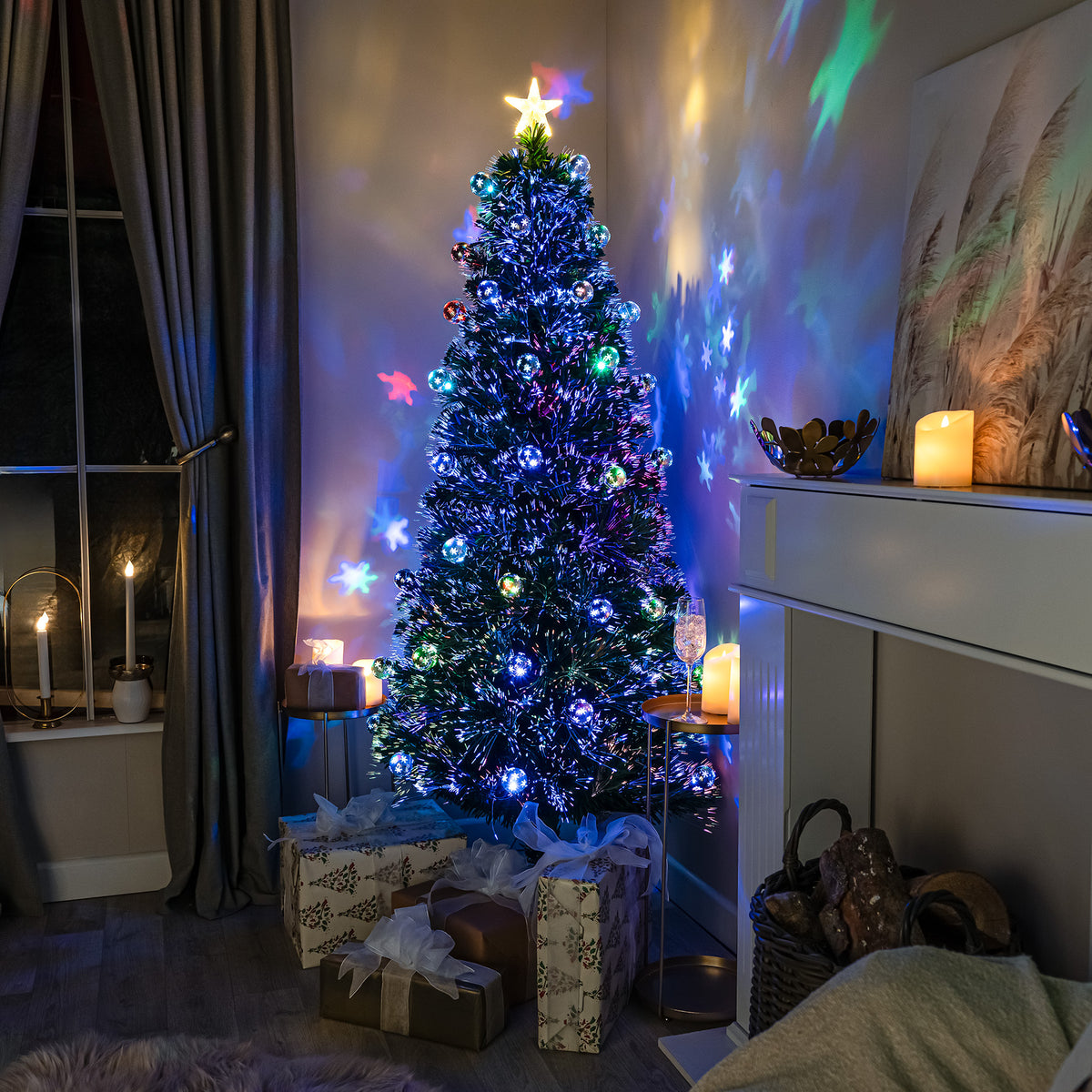 2ft - 7ft Green Fibre Optic Christmas Tree with Multi Coloured LED Lights and Baubles