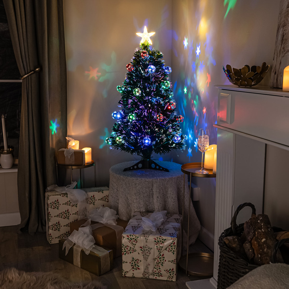 2ft - 7ft Green Fibre Optic Christmas Tree with Multi Coloured LED Lights and Baubles