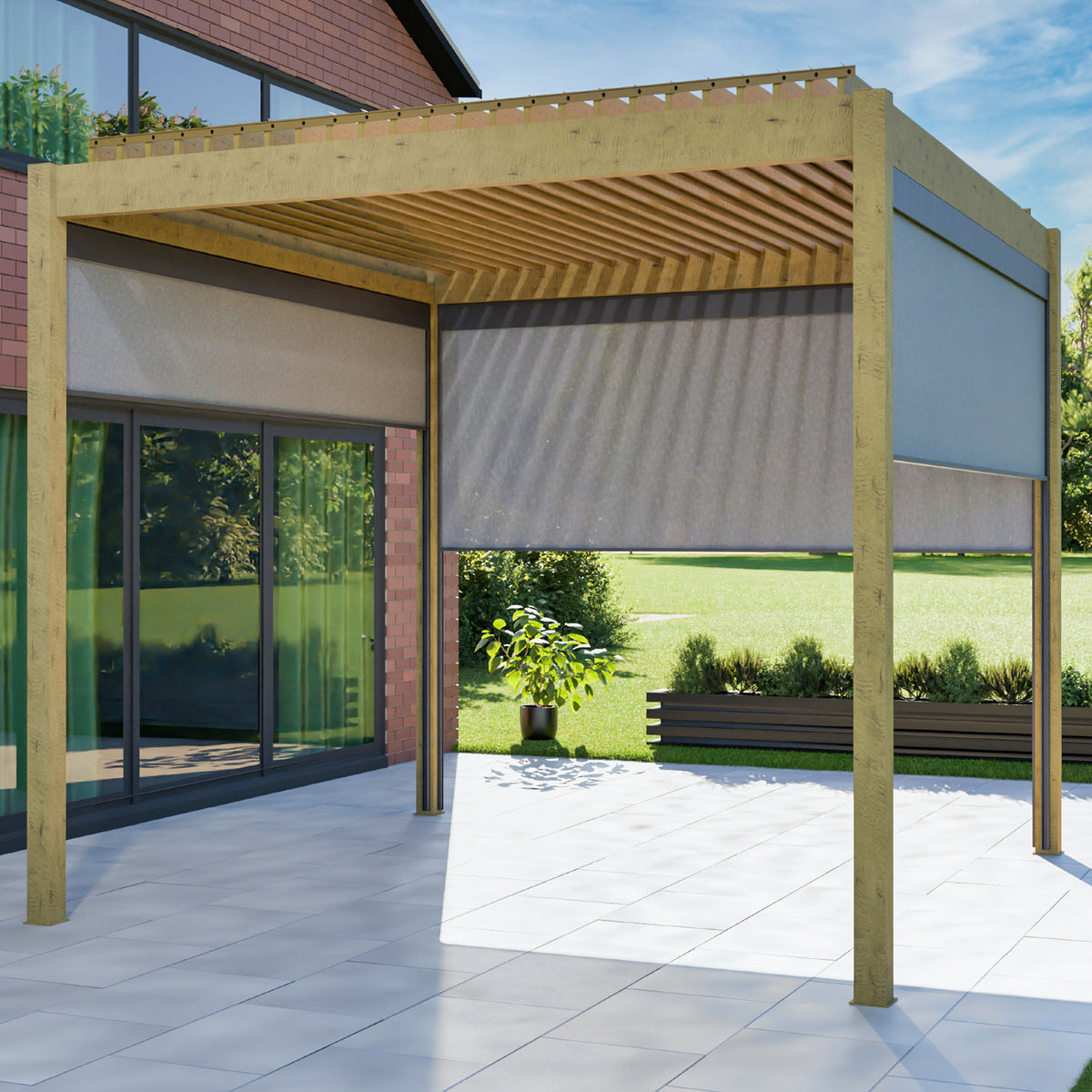 Bracken Outdoors Gemini 3m x 3m Square Wood Effect Aluminium Garden Pergola with Three 3m Blinds