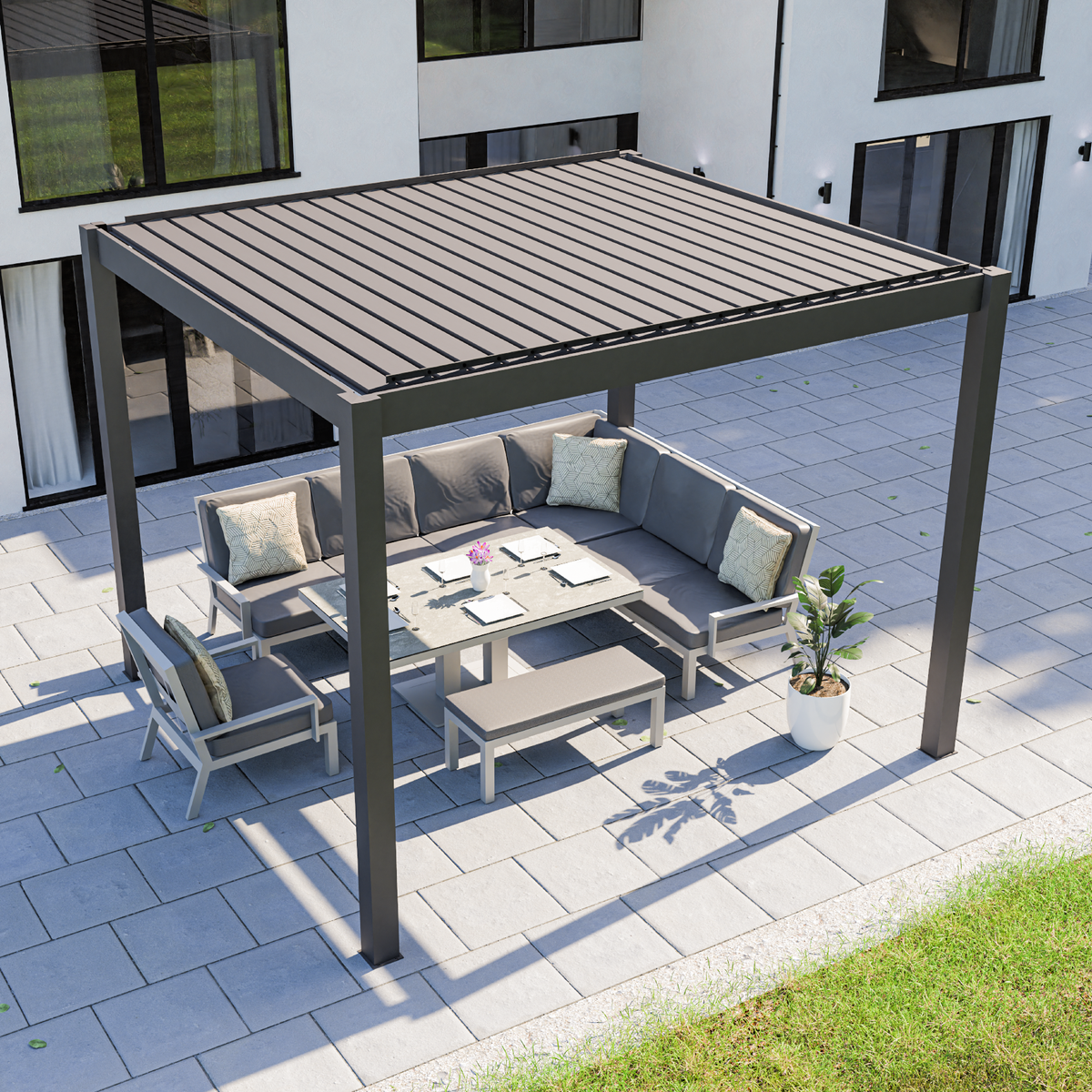 Bracken Outdoors Eclipse 3m x 3m Grey Square Motorised Aluminium Garden Pergola with Lights