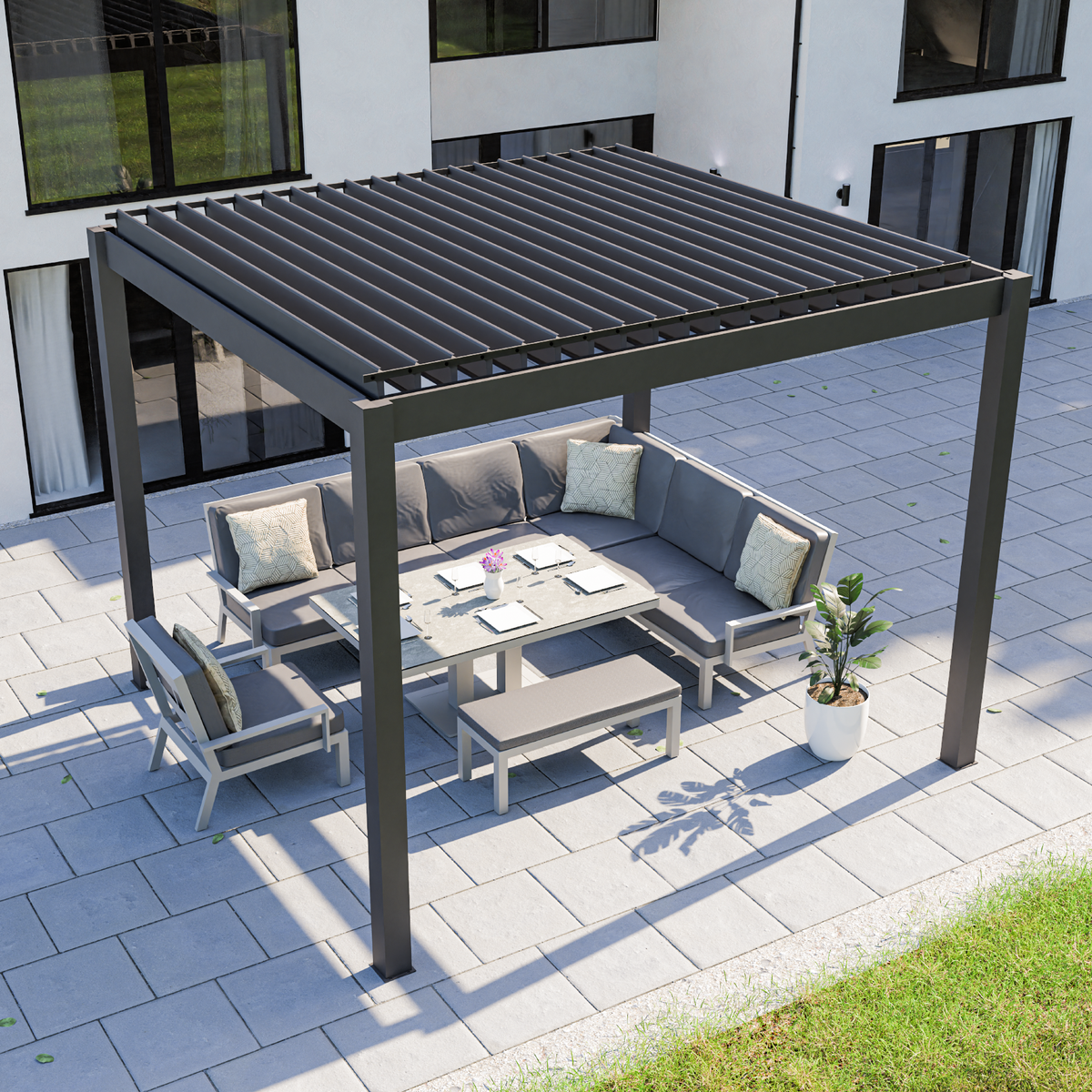 Bracken Outdoors Eclipse 3m x 3m Grey Square Motorised Aluminium Garden Pergola with Lights