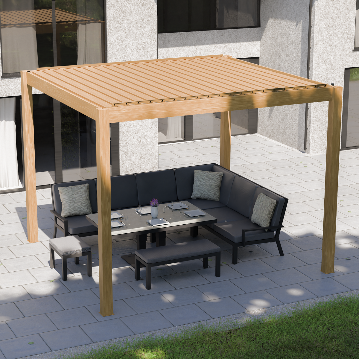 Bracken Outdoors Eclipse 3m x 3m  Wood Effect Square Motorised Garden Pergola with Lights