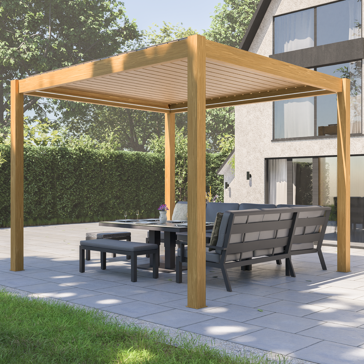 Bracken Outdoors Eclipse 3m x 3m  Wood Effect Square Motorised Garden Pergola with Lights