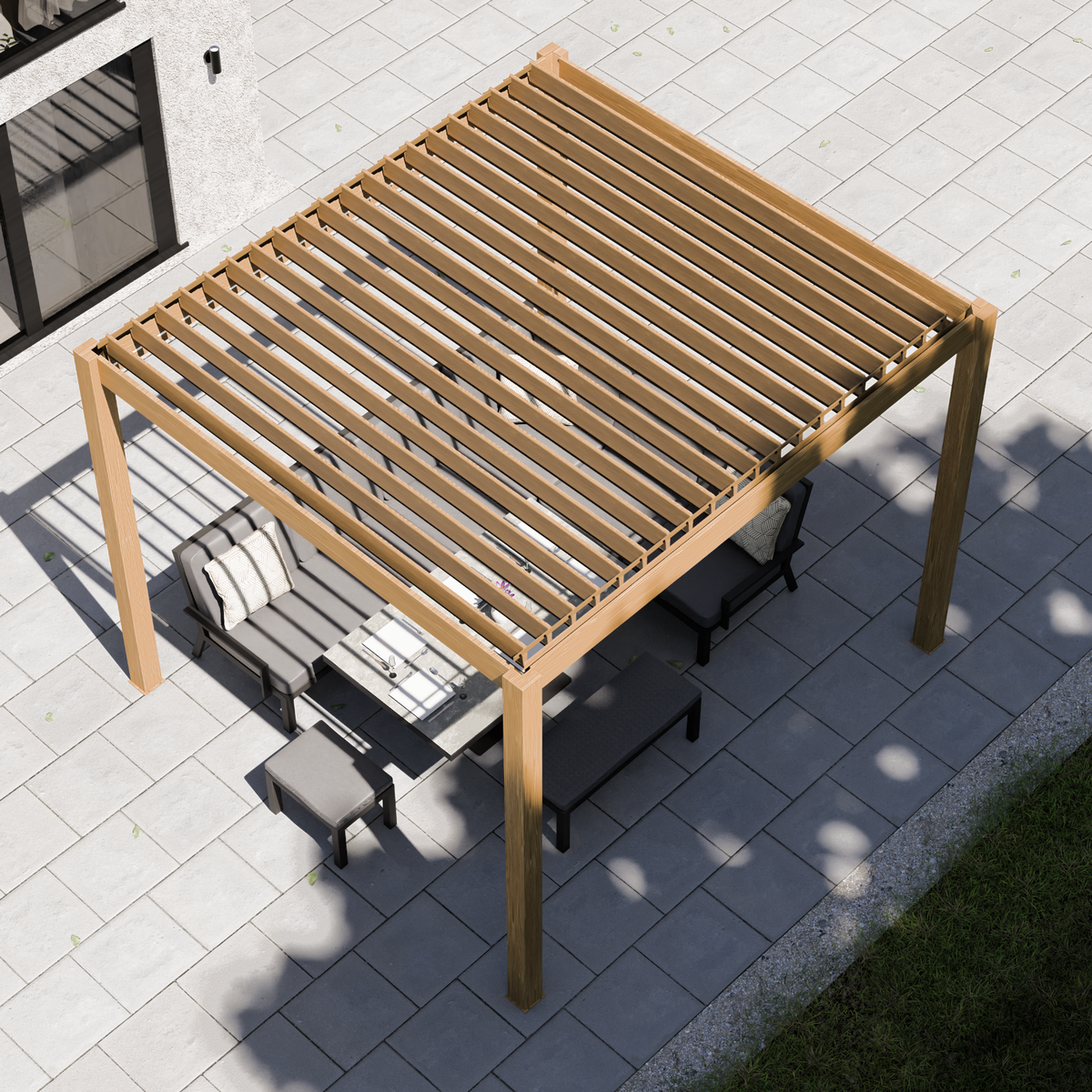 Bracken Outdoors Eclipse 3m x 3m  Wood Effect Square Motorised Garden Pergola with Lights