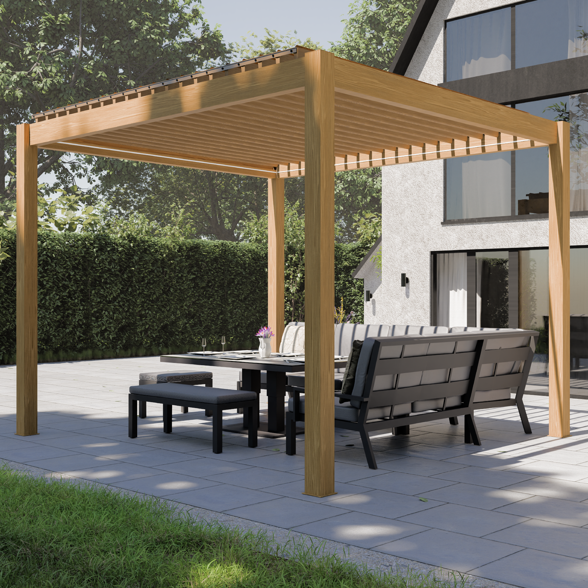 Bracken Outdoors Eclipse 3m x 3m  Wood Effect Square Motorised Garden Pergola with Lights