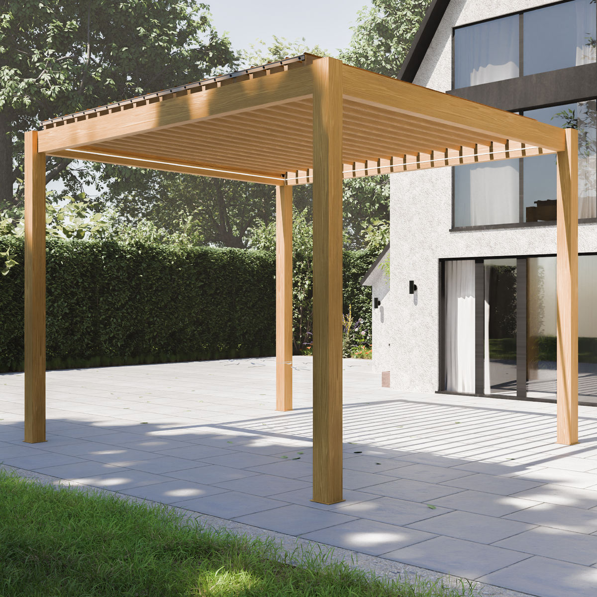 Bracken Outdoors Eclipse 3m x 3m  Wood Effect Square Motorised Garden Pergola with Lights