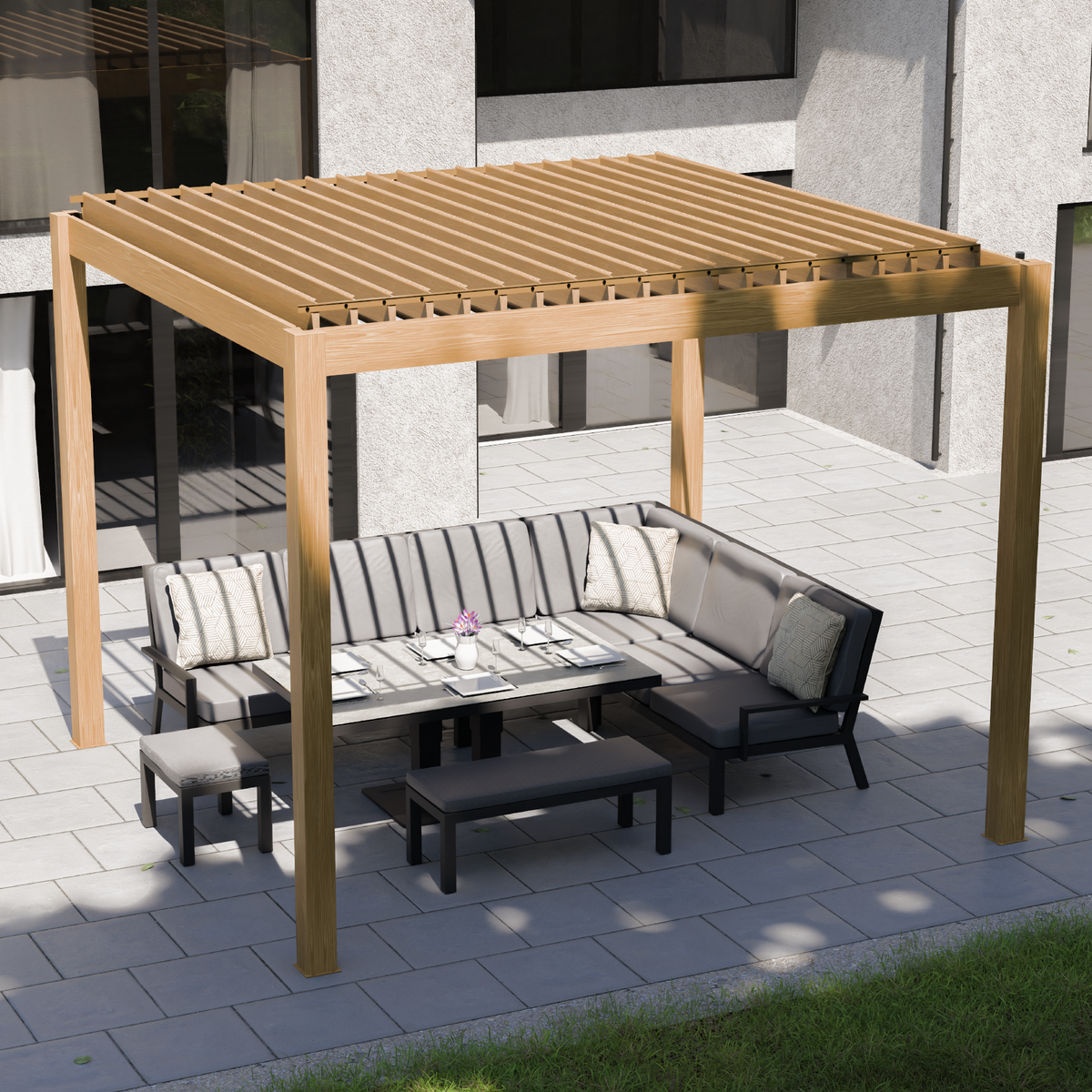 Bracken Outdoors Eclipse 3m x 3m  Wood Effect Square Motorised Garden Pergola with Lights