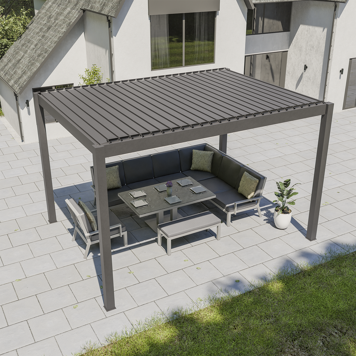 Bracken Outdoors Eclipse 3m x 4m Grey Rectangular Motorised Aluminium Garden Pergola with Lights