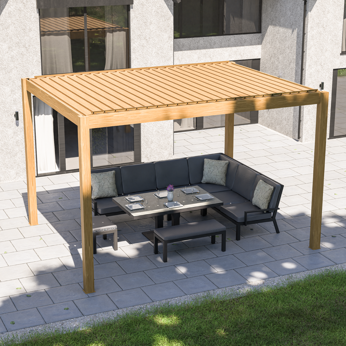 Bracken Outdoors Eclipse 3m x 4m Wood Effect Rectangular Motorised Garden Pergola with Lights