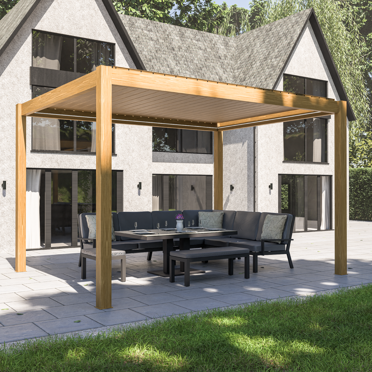 Bracken Outdoors Eclipse 3m x 4m Wood Effect Rectangular Motorised Garden Pergola with Lights