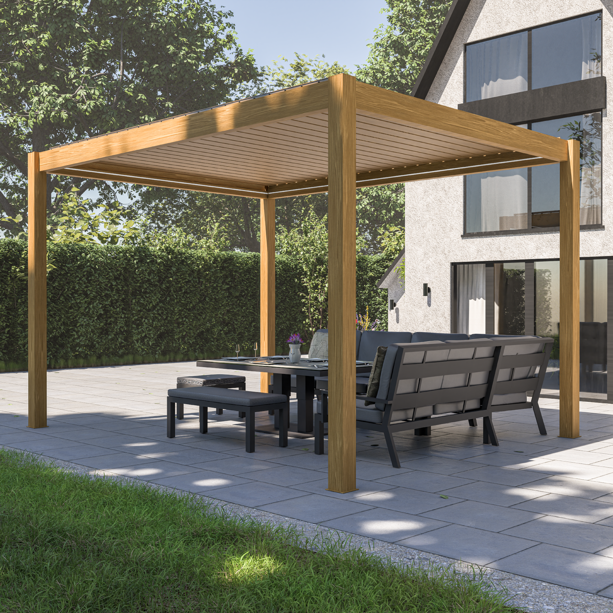 Bracken Outdoors Eclipse 3m x 4m Wood Effect Rectangular Motorised Garden Pergola with Lights