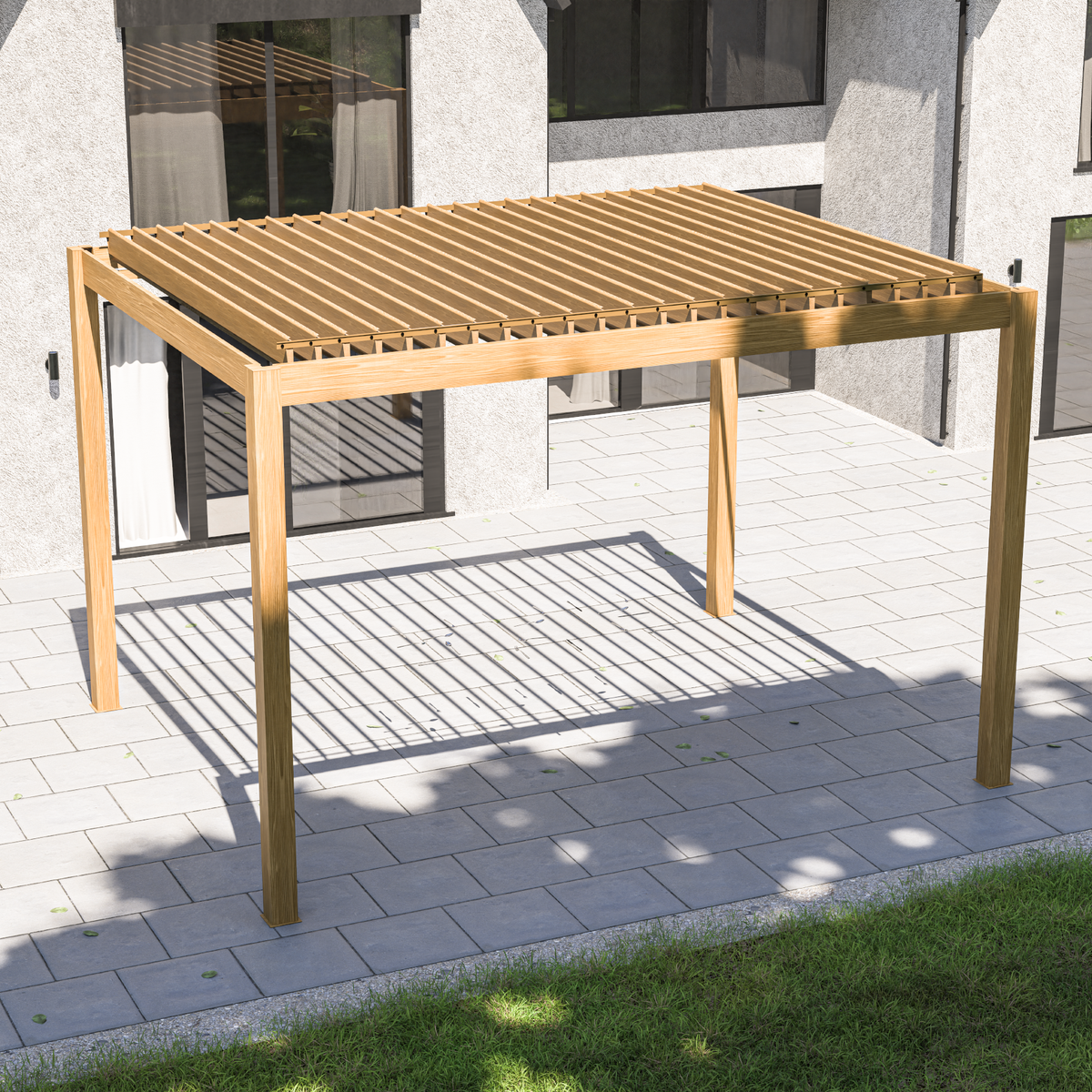 Bracken Outdoors Eclipse 3m x 4m Wood Effect Rectangular Motorised Garden Pergola with Lights