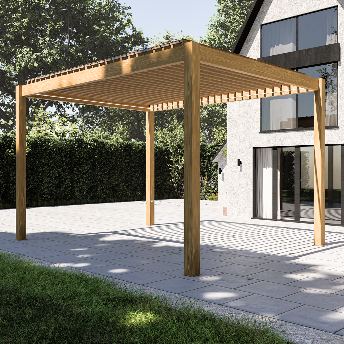 Bracken Outdoors Eclipse 3m x 4m Wood Effect Rectangular Motorised Garden Pergola with Lights