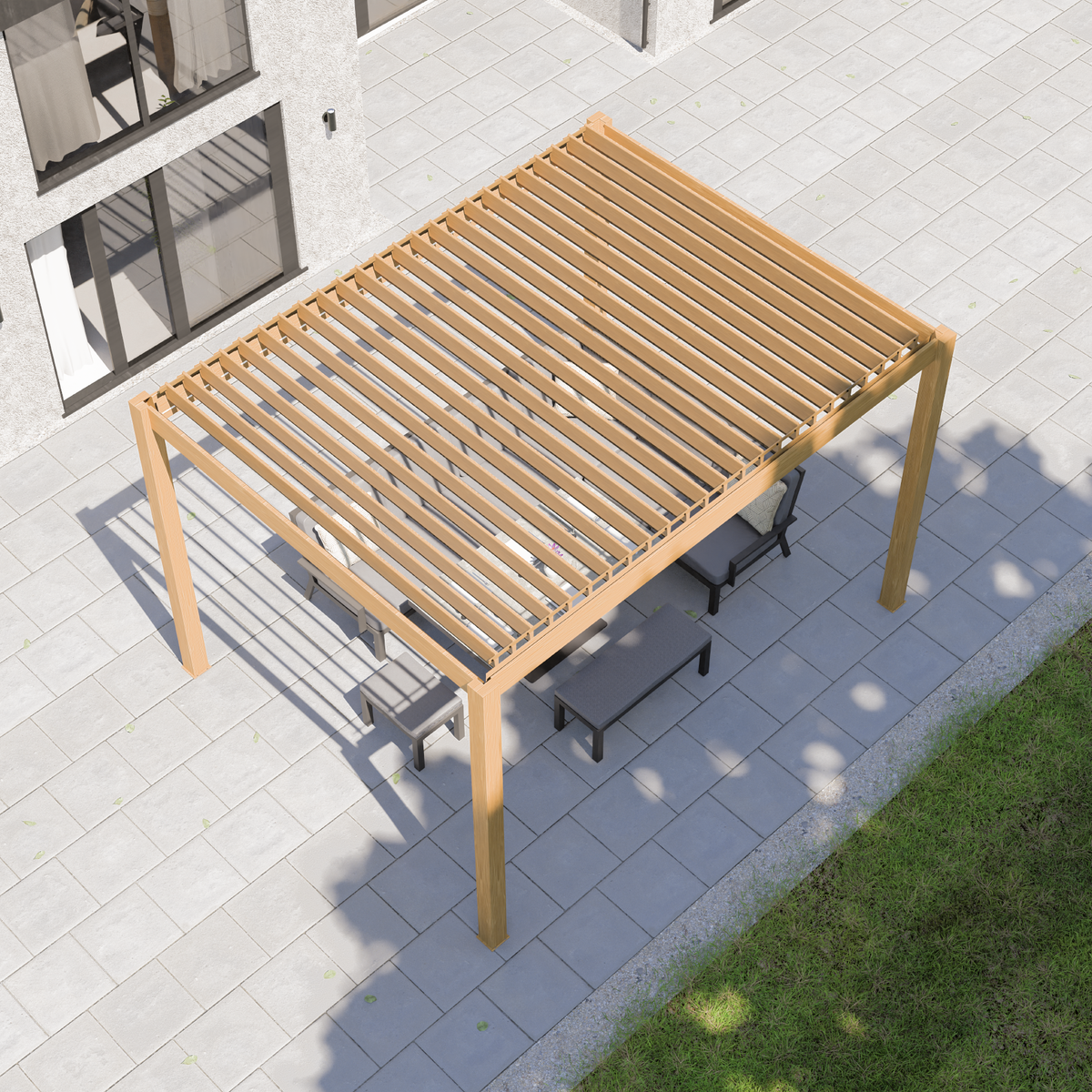 Bracken Outdoors Eclipse 3m x 4m Wood Effect Rectangular Motorised Garden Pergola with Lights