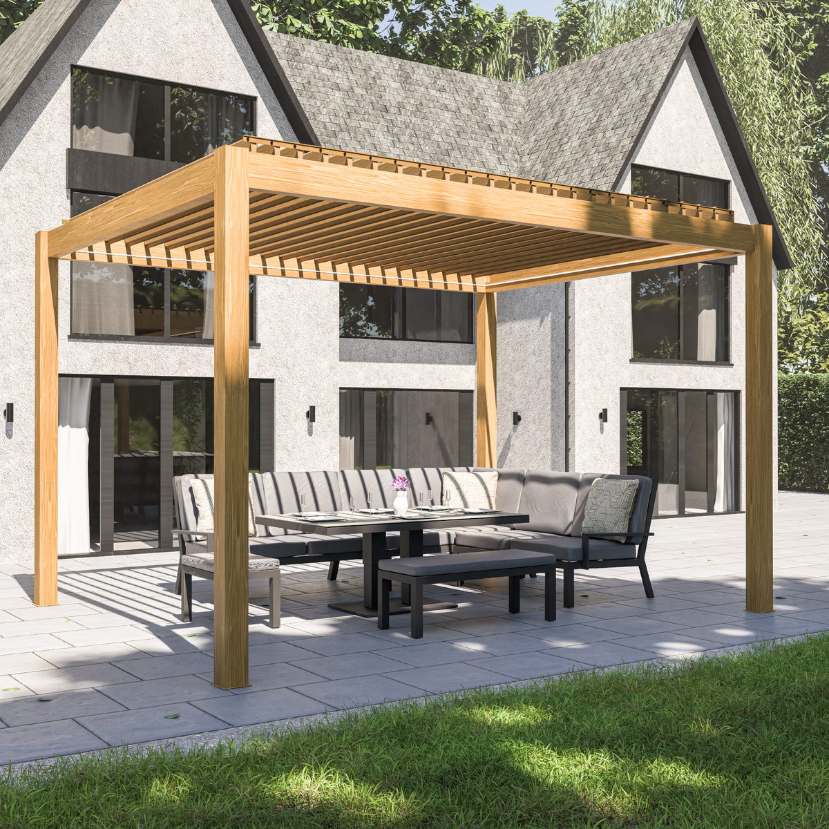 Bracken Outdoors Eclipse 3m x 4m Wood Effect Rectangular Motorised Garden Pergola with Lights