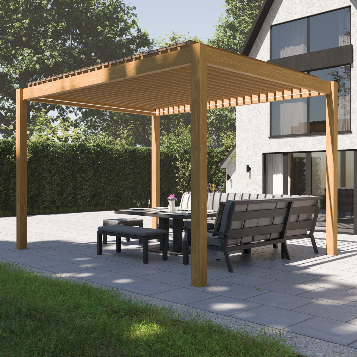 Bracken Outdoors Eclipse 3m x 4m Wood Effect Rectangular Motorised Garden Pergola with Lights