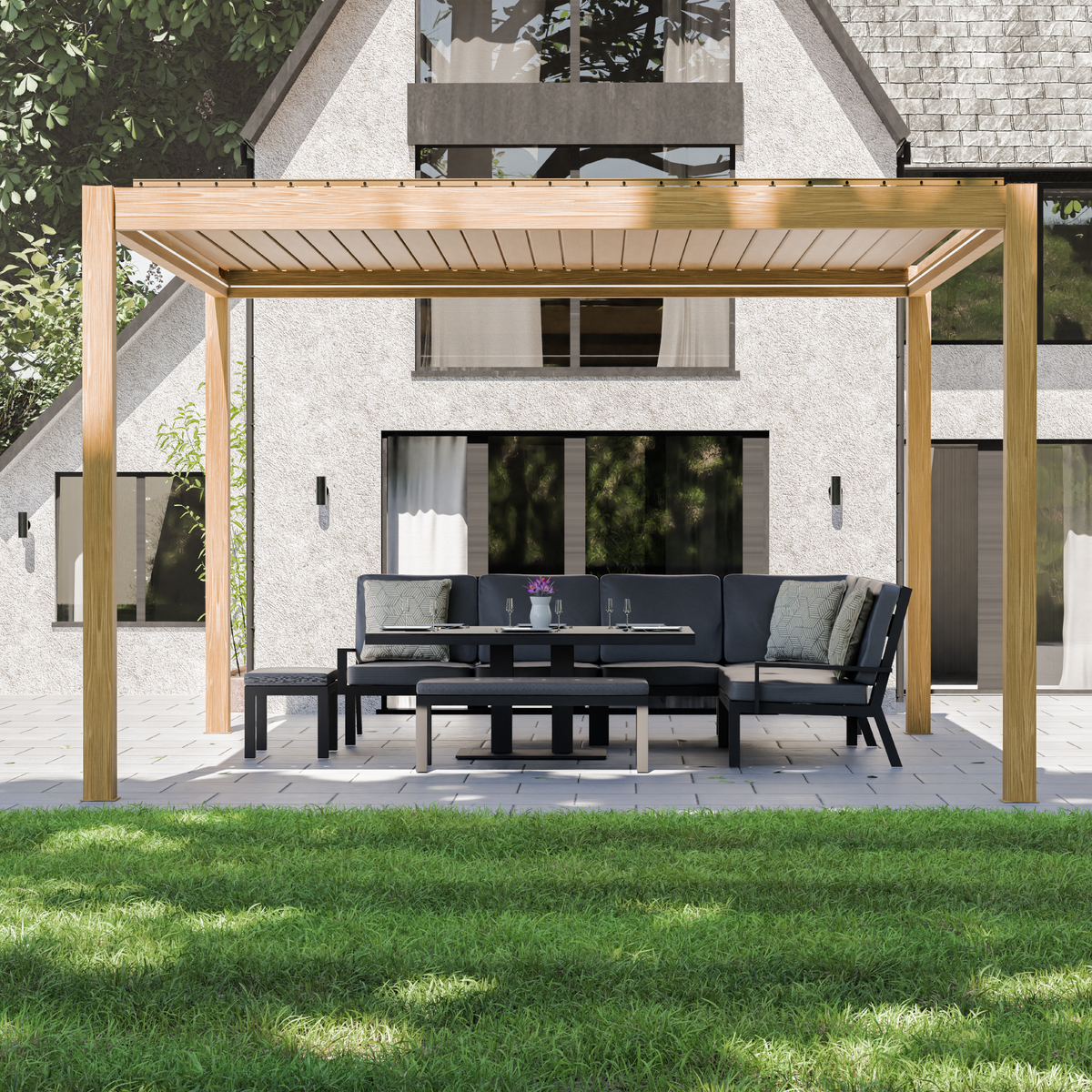 Bracken Outdoors Eclipse 4m x 4m Wood Effect Square Motorised Garden Pergola with Lights