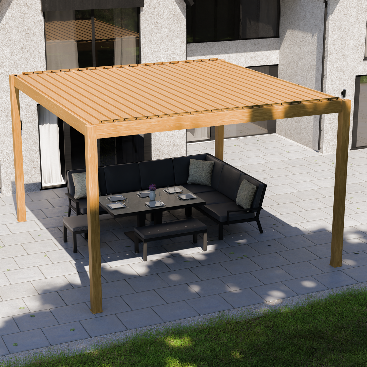 Bracken Outdoors Eclipse 4m x 4m Wood Effect Square Motorised Garden Pergola with Lights