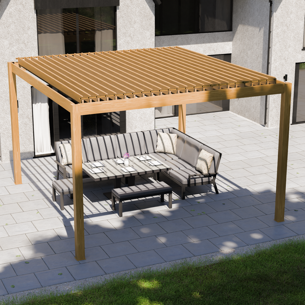 Bracken Outdoors Eclipse 4m x 4m Wood Effect Square Motorised Garden Pergola with Lights