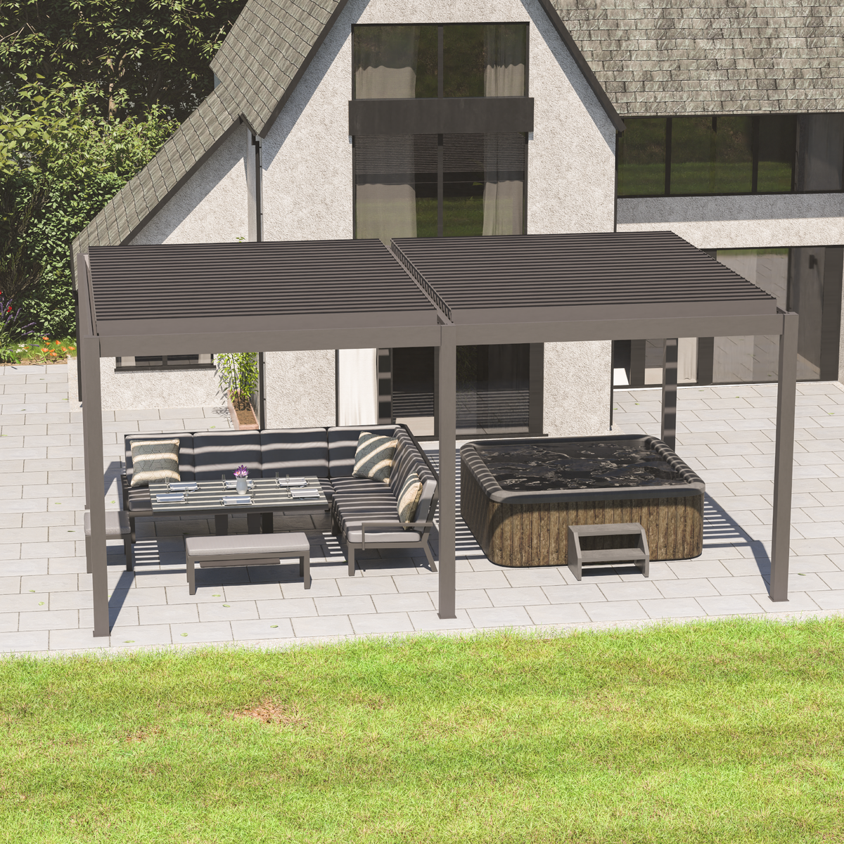 Bracken Outdoors Eclipse 6m x 4m Grey Rectangular Motorised Aluminium Garden Pergola with Lights