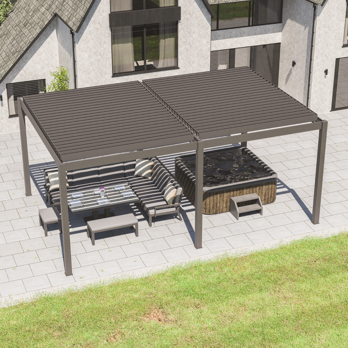 Bracken Outdoors Eclipse 6m x 4m Grey Rectangular Motorised Aluminium Garden Pergola with Lights