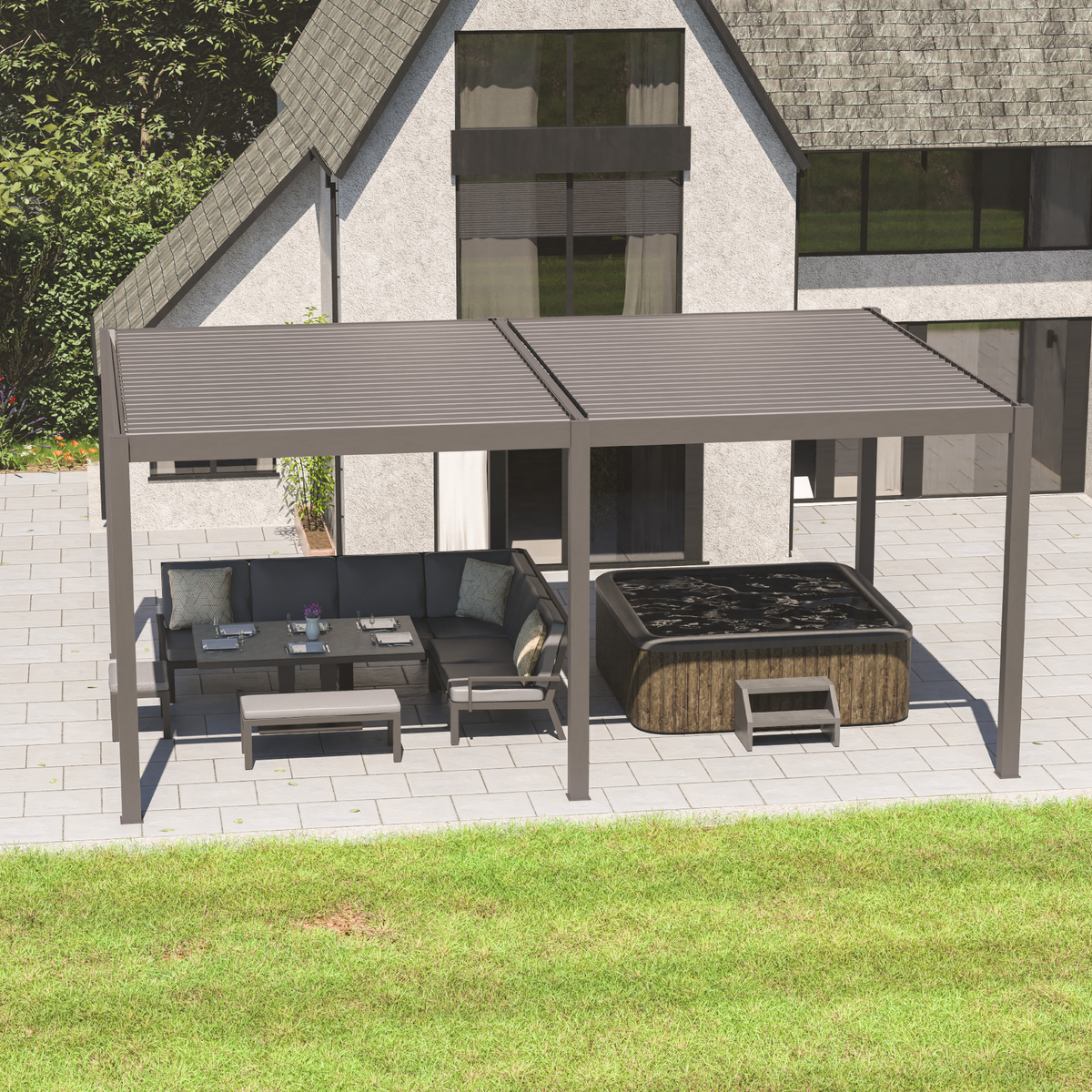 Bracken Outdoors Eclipse 6m x 4m Grey Rectangular Motorised Aluminium Garden Pergola with Lights