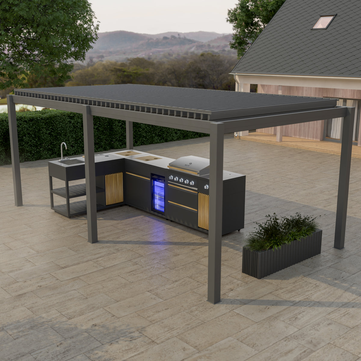 Bracken Outdoors Eclipse Plus 6m x 3m Grey Motorised Aluminium Garden Pergola with LED Lights