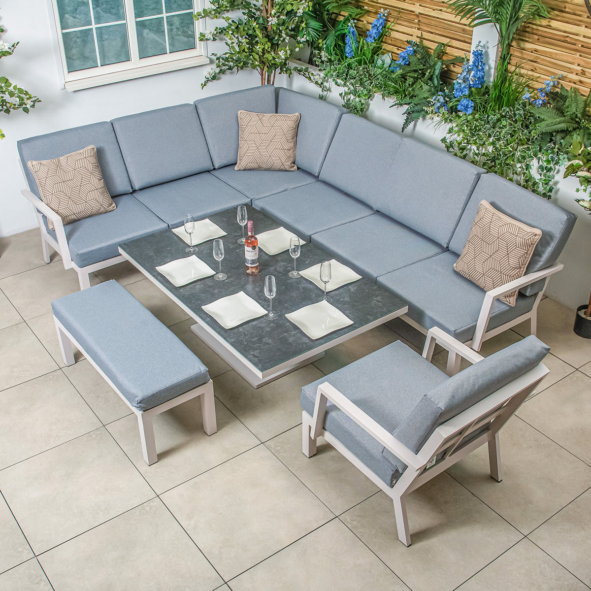 Bracken Outdoors Miami Light Aluminium Rectangular Corner Set with Adjustable Table Bench and Armchair