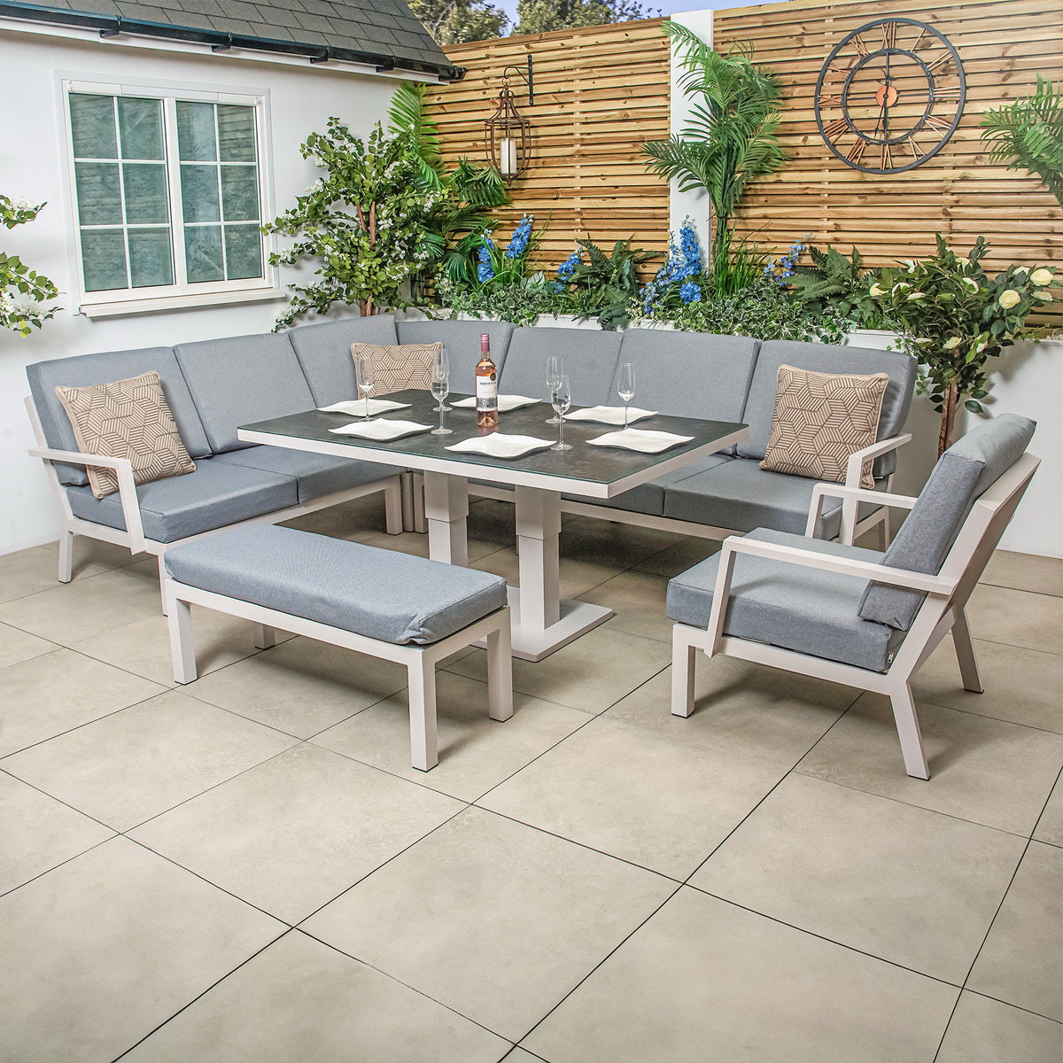 Bracken Outdoors Miami Light Aluminium Rectangular Corner Set with Adjustable Table Bench and Armchair