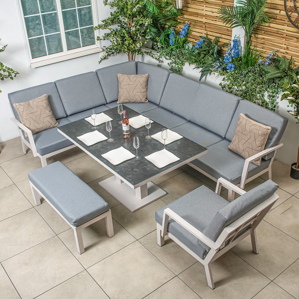 Bracken Outdoors Miami Light Aluminium Rectangular Corner Set with Adjustable Table Bench and Armchair