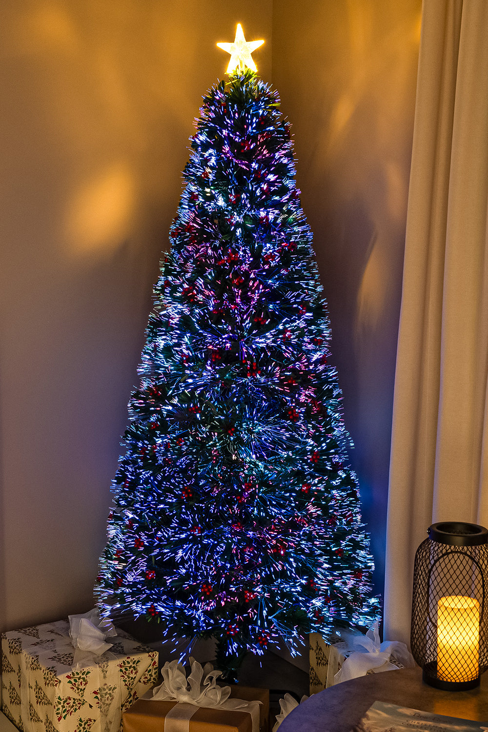 Green Fibre Optic Christmas Tree 2ft - 7ft with Multi Coloured Fibre Optic Lights and Red Berries