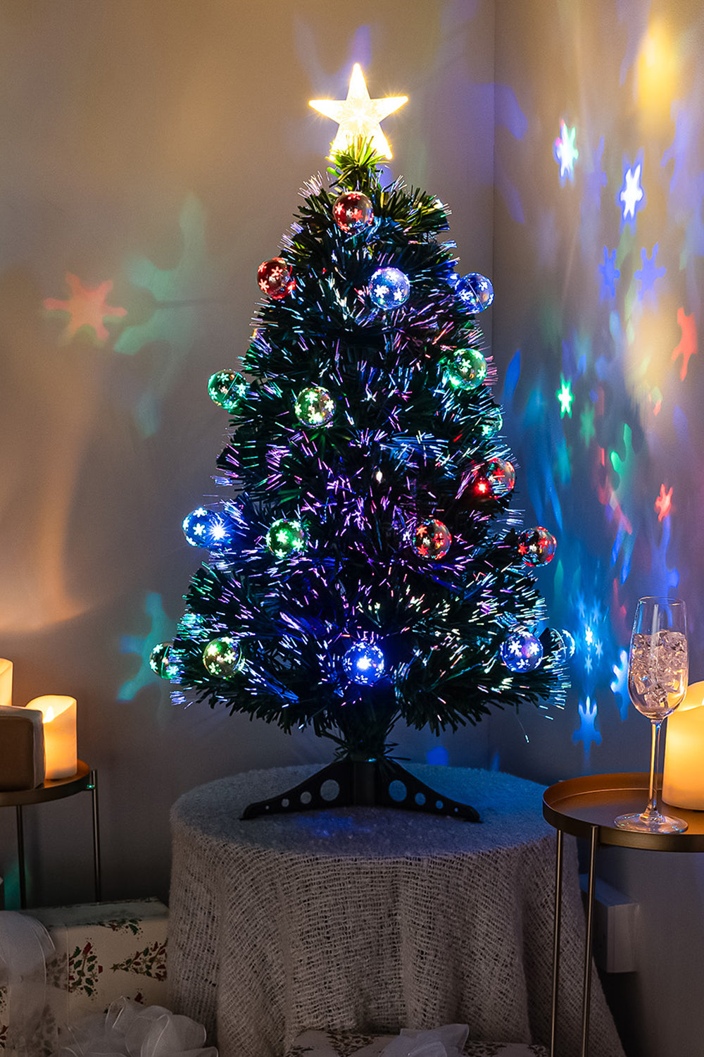 2ft - 7ft Green Fibre Optic Christmas Tree with Multi Coloured LED Lights and Baubles