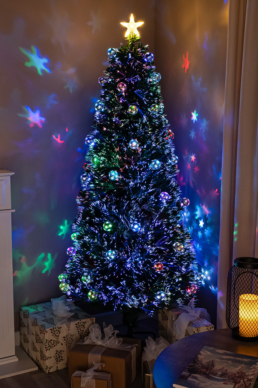 2ft - 7ft Green Fibre Optic Christmas Tree with Multi Coloured LED Lights and Baubles