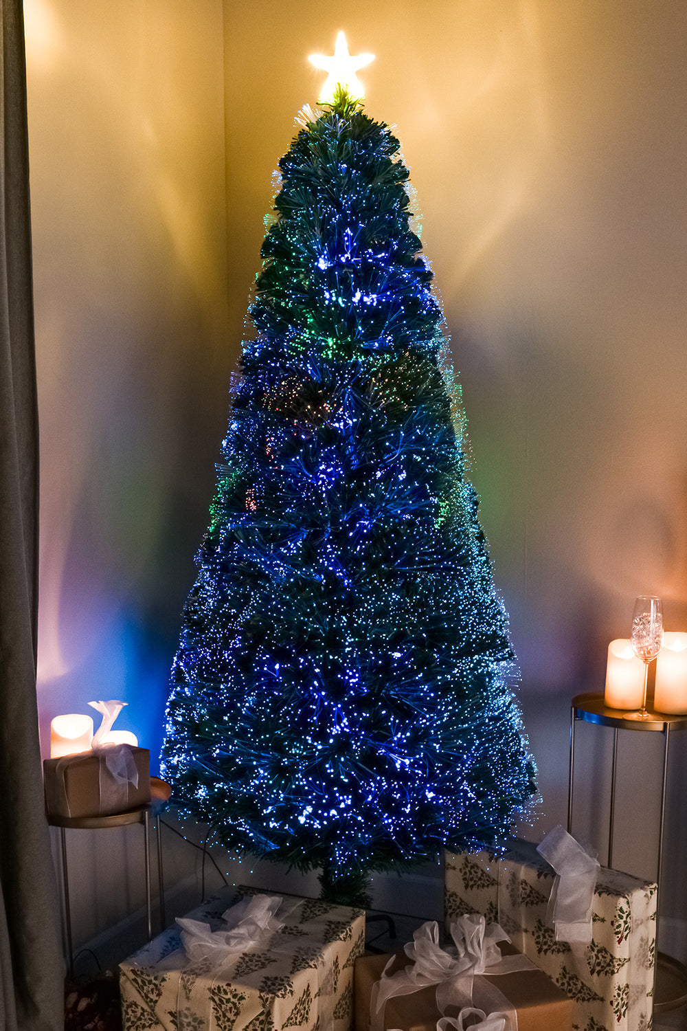 2ft - 7ft Green Pin Prick Fibre Optic Christmas Tree with Multi Coloured Fibre Optic Lights