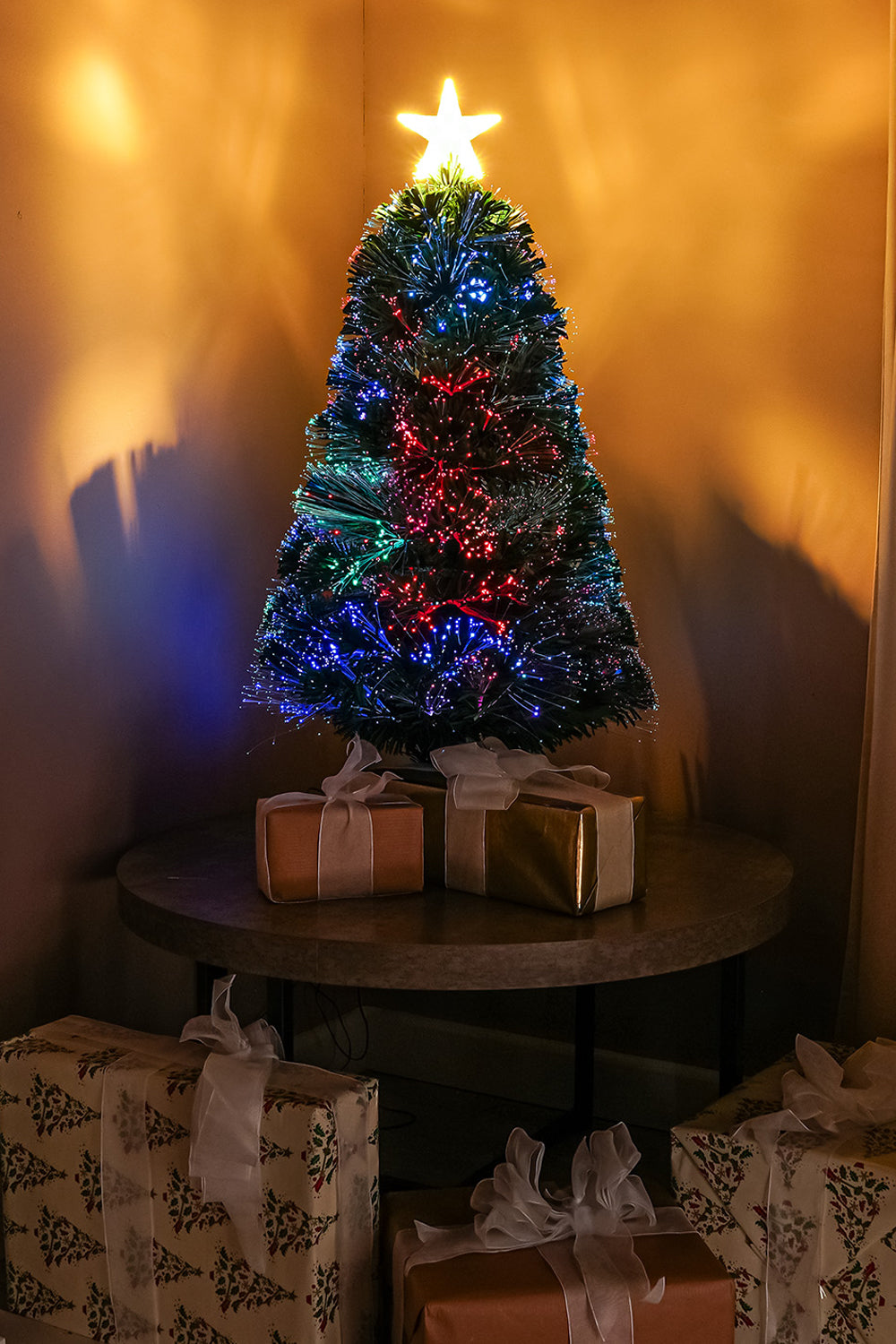 2ft - 7ft Green Pin Prick Fibre Optic Christmas Tree with Multi Coloured Fibre Optic Lights