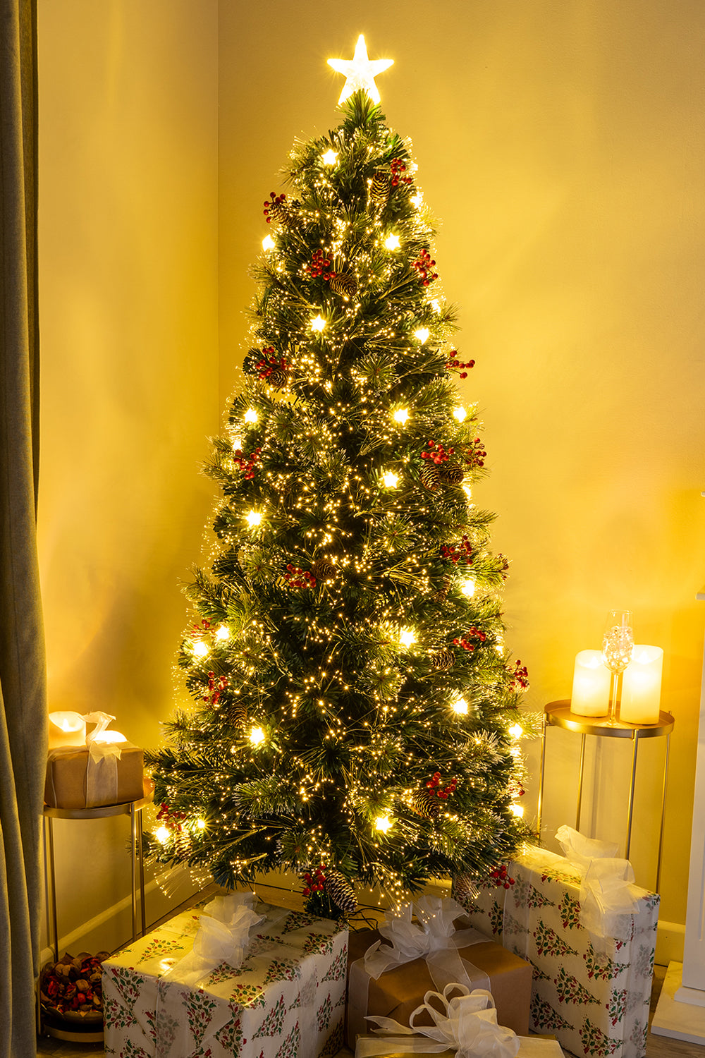 Green Fibre Optic Christmas Tree 3ft - 7ft with Berries, Cones and Warm White LED Stars