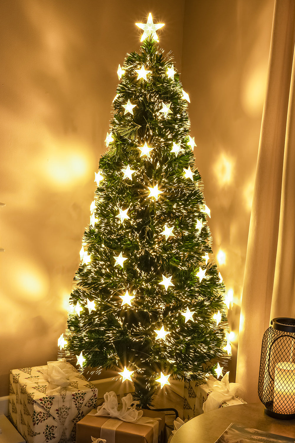 2ft - 6ft Green Fibre Optic Christmas Tree with Warm White Fibre Optics, LED Lights and Stars