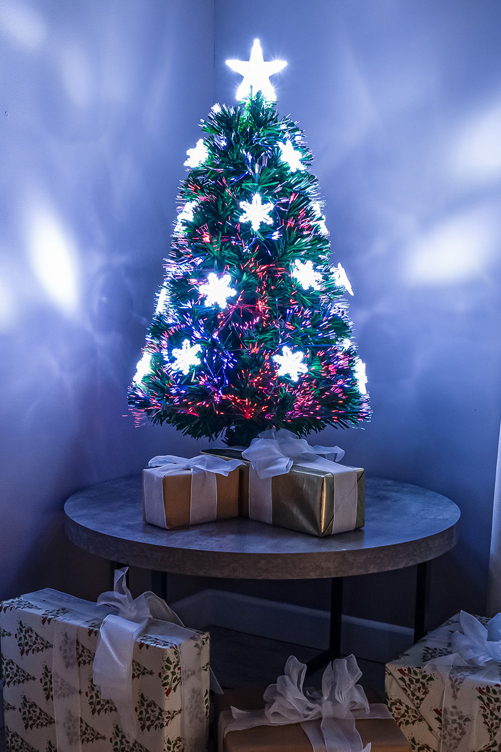 Green Fibre Optic Christmas Tree 2ft - 6ft with Multi Coloured Fibre Optics, White LED Lights and Snowflakes