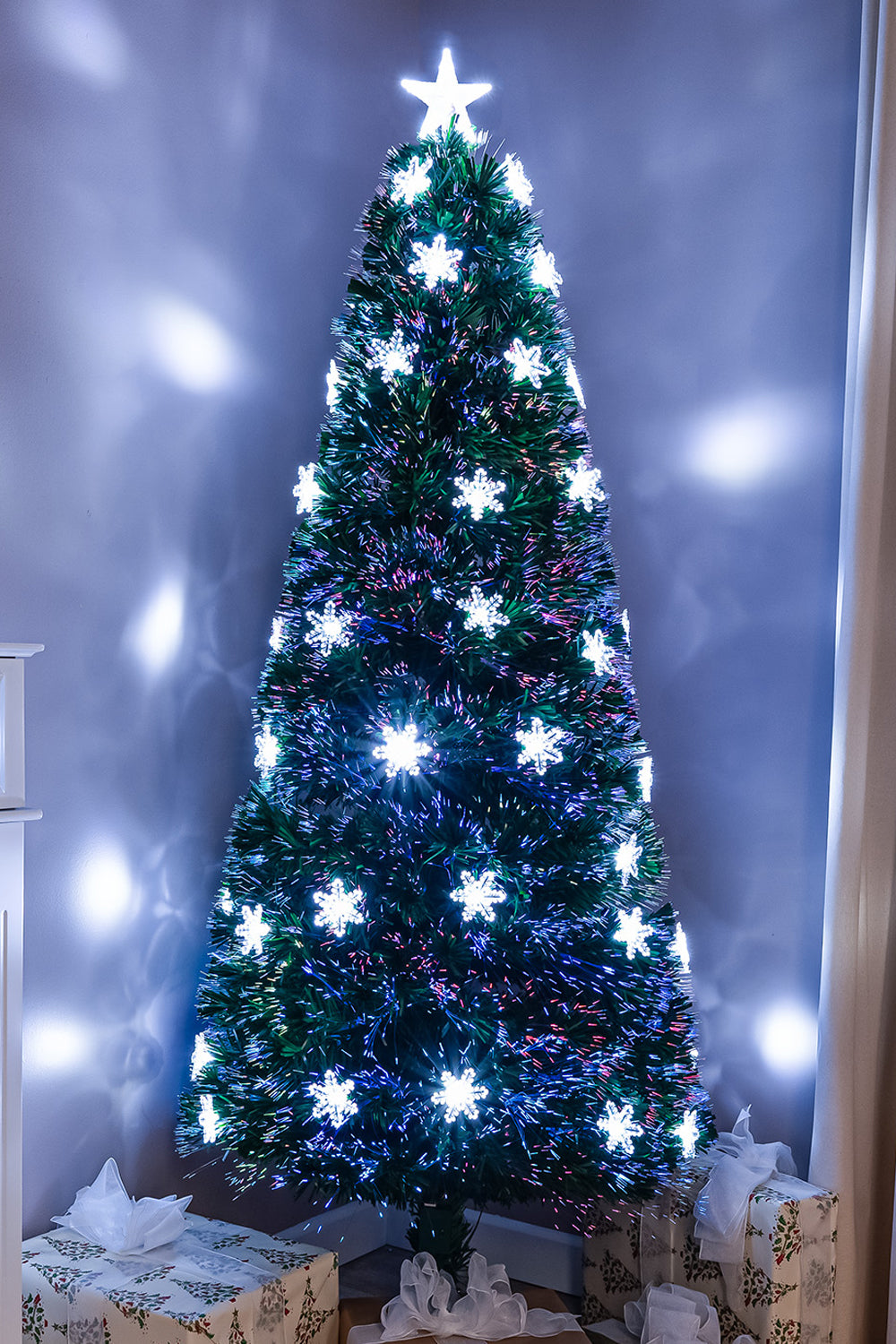 Green Fibre Optic Christmas Tree 2ft - 6ft with Multi Coloured Fibre Optics, White LED Lights and Snowflakes