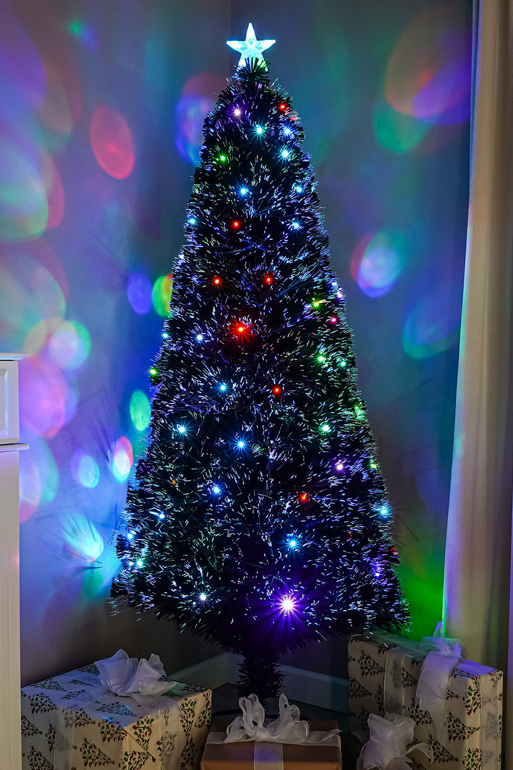 Black Fibre Optic Christmas Tree 2ft to 6ft with Multicoloured LED Lights and Star