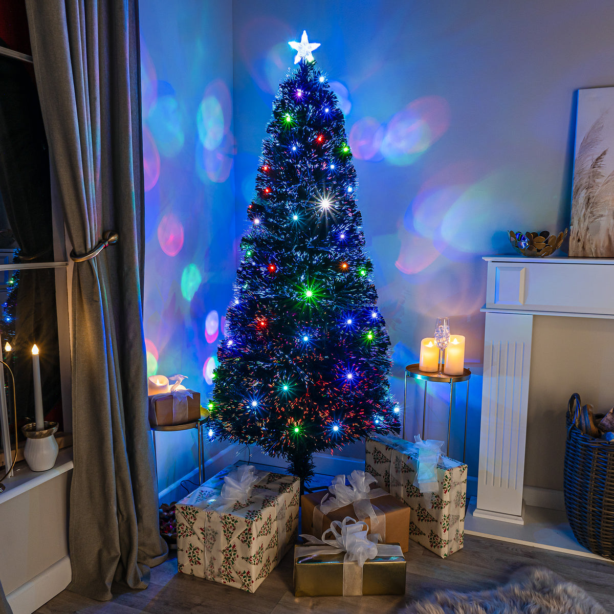 Black Fibre Optic Christmas Tree 2ft to 6ft with Multicoloured LED Lights and Star