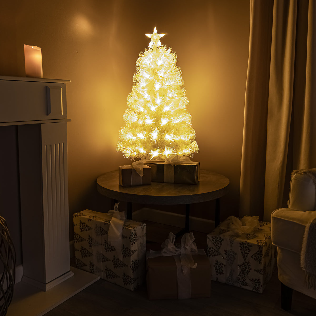 White Fibre Optic Christmas Tree with Feathery Warm White Fibre Optic Lights 2ft - 7ft