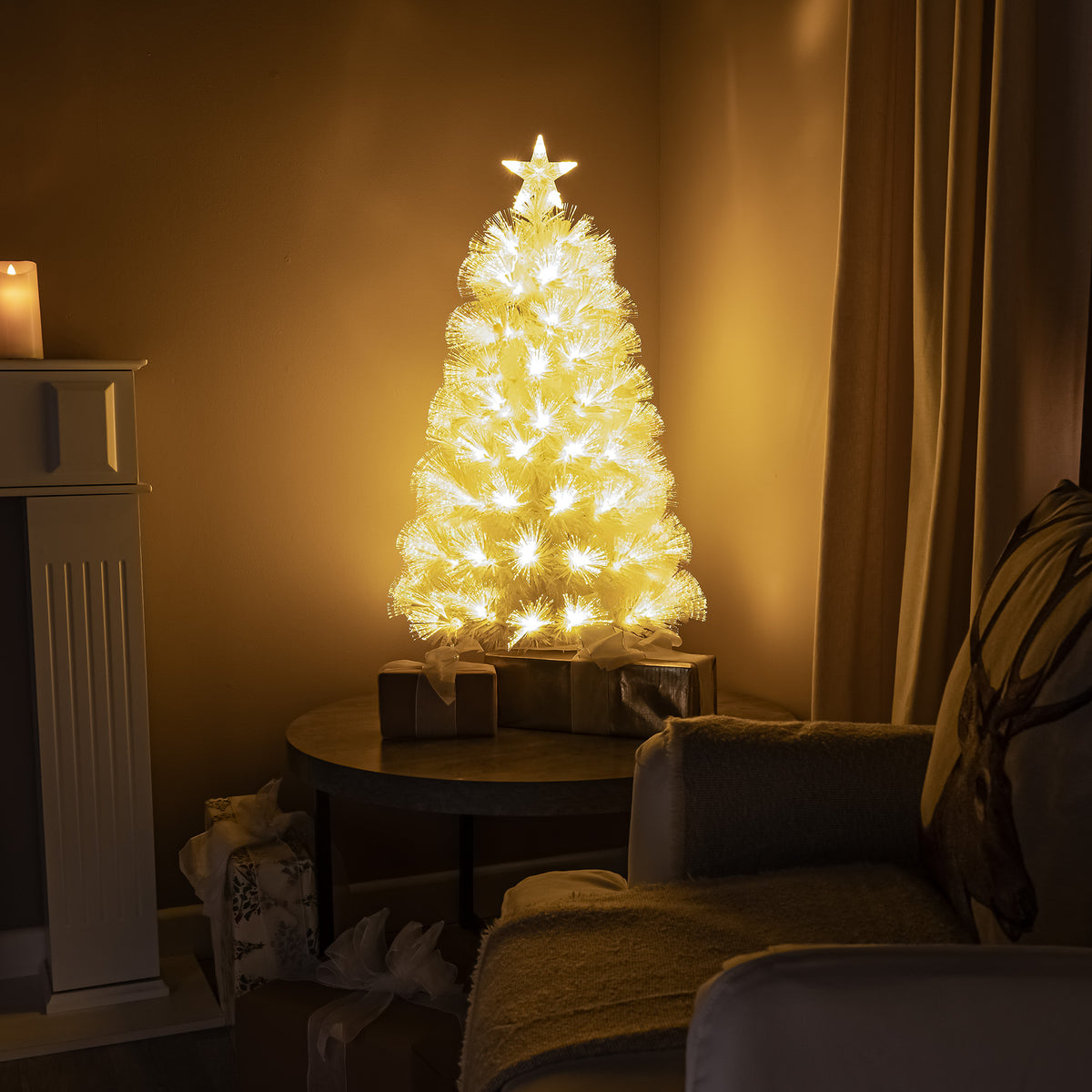 White Fibre Optic Christmas Tree with Feathery Warm White Fibre Optic Lights 2ft - 7ft