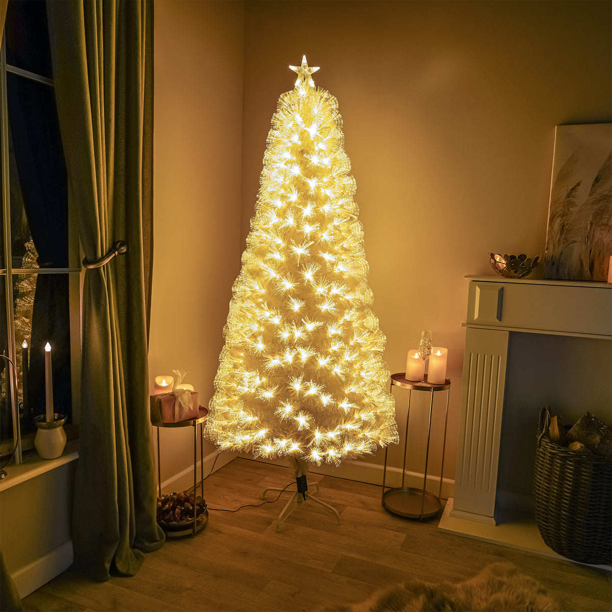 White Fibre Optic Christmas Tree with Feathery Warm White Fibre Optic Lights 2ft - 7ft