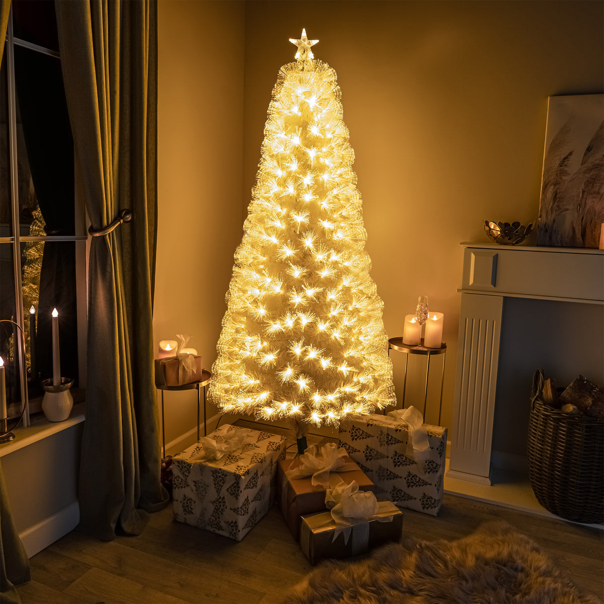 White Fibre Optic Christmas Tree with Feathery Warm White Fibre Optic Lights 2ft - 7ft