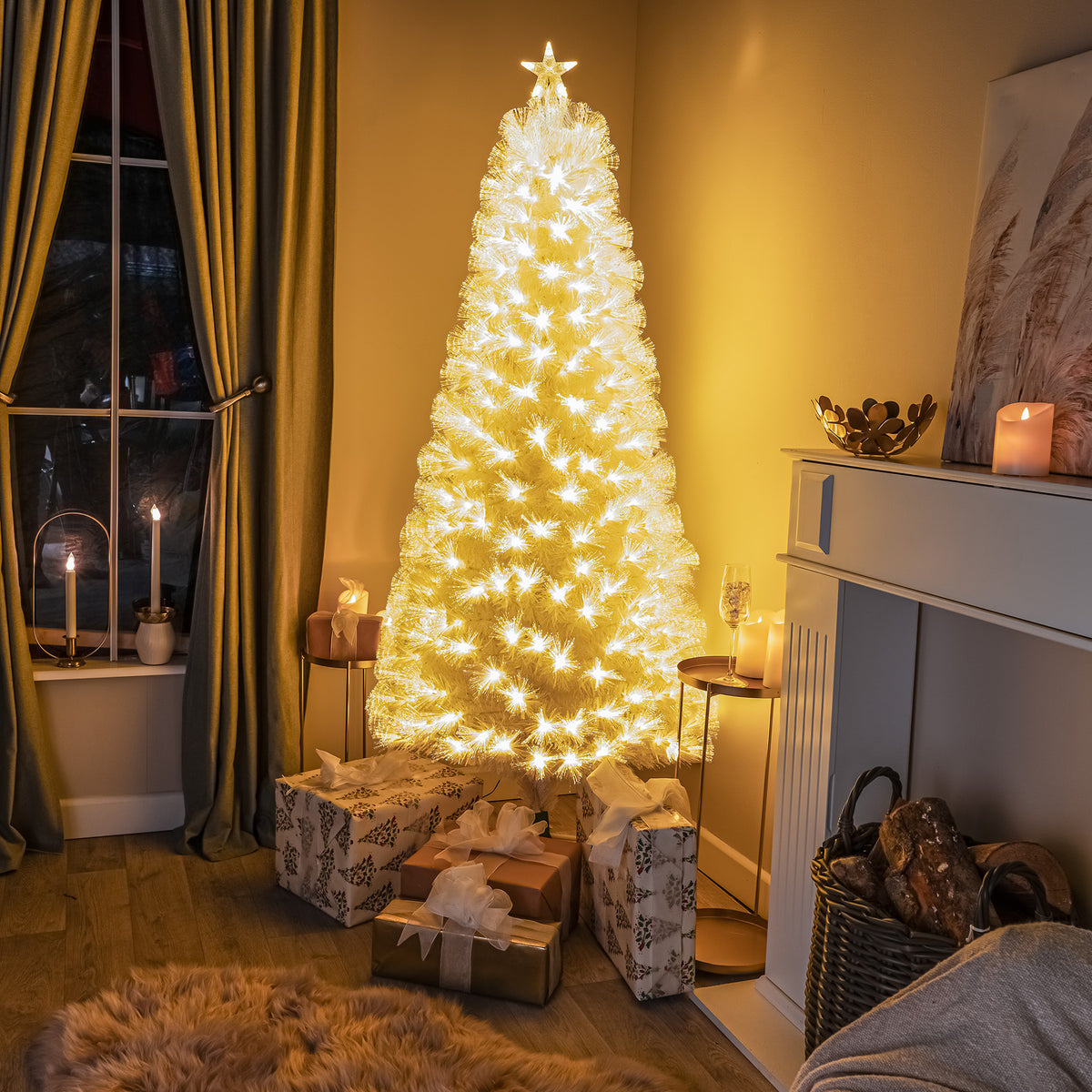 White Fibre Optic Christmas Tree with Feathery Warm White Fibre Optic Lights 2ft - 7ft