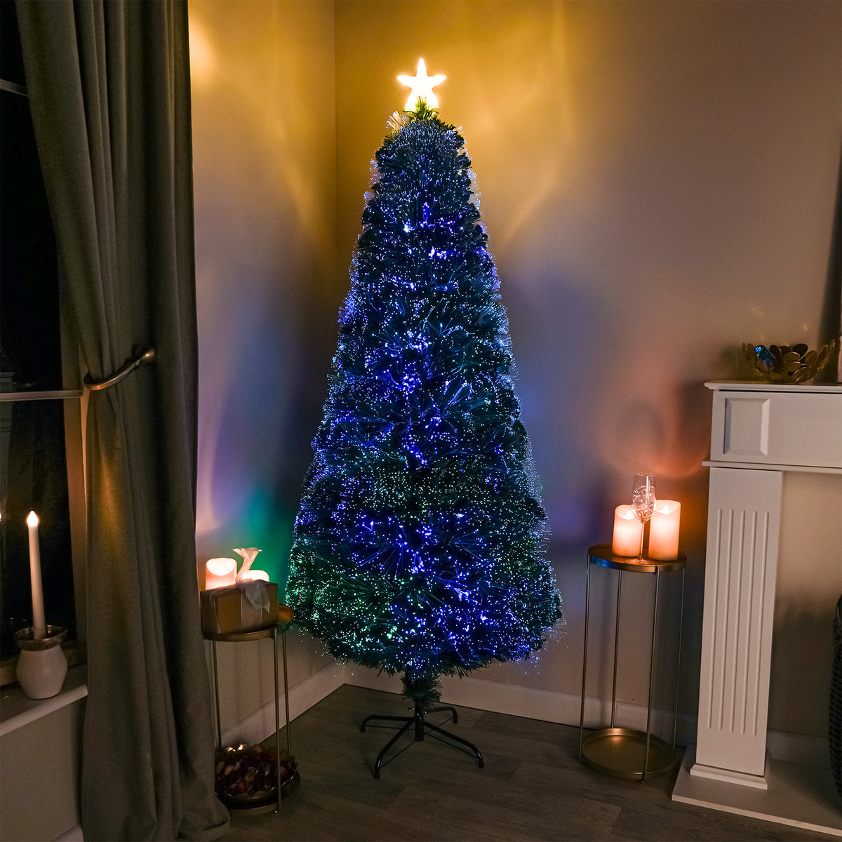 2ft - 7ft Green Pin Prick Fibre Optic Christmas Tree with Multi Coloured Fibre Optic Lights